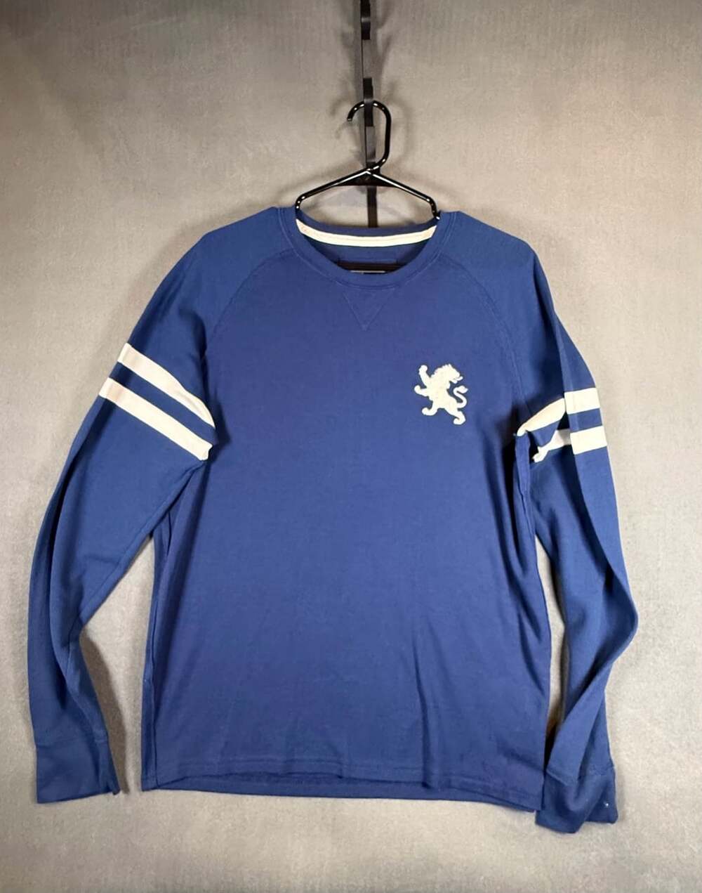 Express Waffle Knit Blue Long Sleeve Shirt With White Stripes and Lion Logo XL